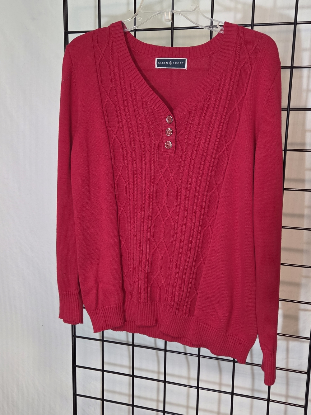Karen Scott Bright Red Cable Knit V-Neck Sweater with Button Placket